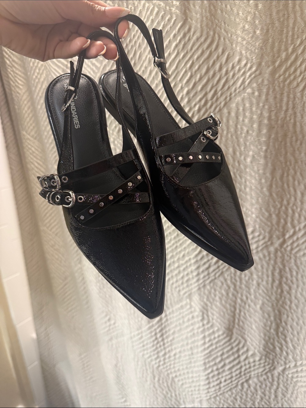 No Boundaries Black Patent Pointed Slingback Mules with Stud Accents